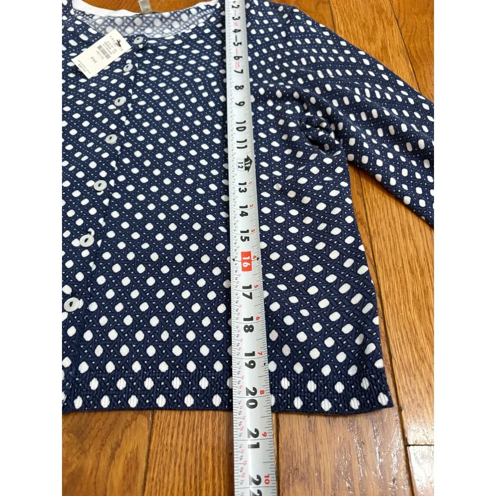 Talbots Petite Medium Navy Blue White Lattice Polka Dot Cotton Cardigan NWT